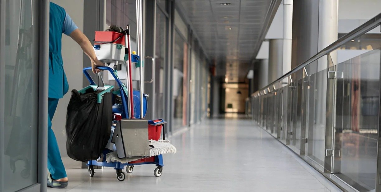 Clean commercial property with organized workspace and polished floors from professional cleaning.